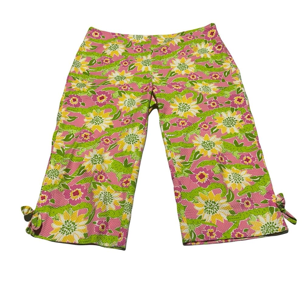 Lilly Pulitzer Vintage Captis Pants Size 12 Alligator Floral Print Textured Bows